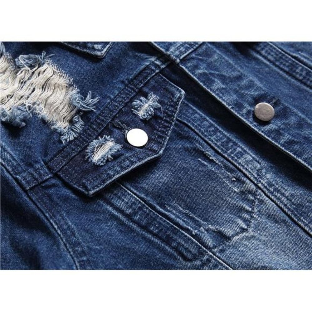 Dark Blue Distressed Jean Jacket Ripped Acid Wash Slim‎ Denim Trucker Jacket - Picture 4 of 7